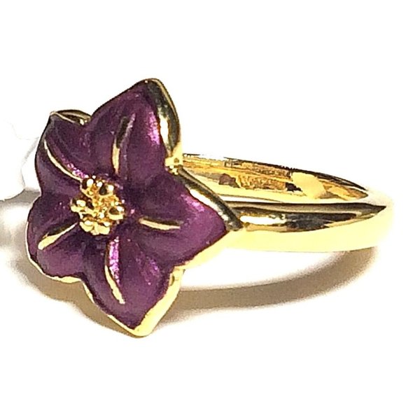 Hibiscus Flower Ring Sz 6 7 8 Gold Plated Tropical Hawaiian Island Purple Enamel - Picture 7 of 11